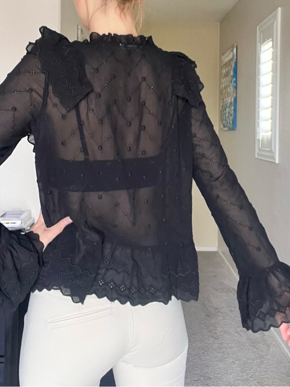 Black Sheer Ruffle Button-Front Blouse - - Picture 3 of 3
